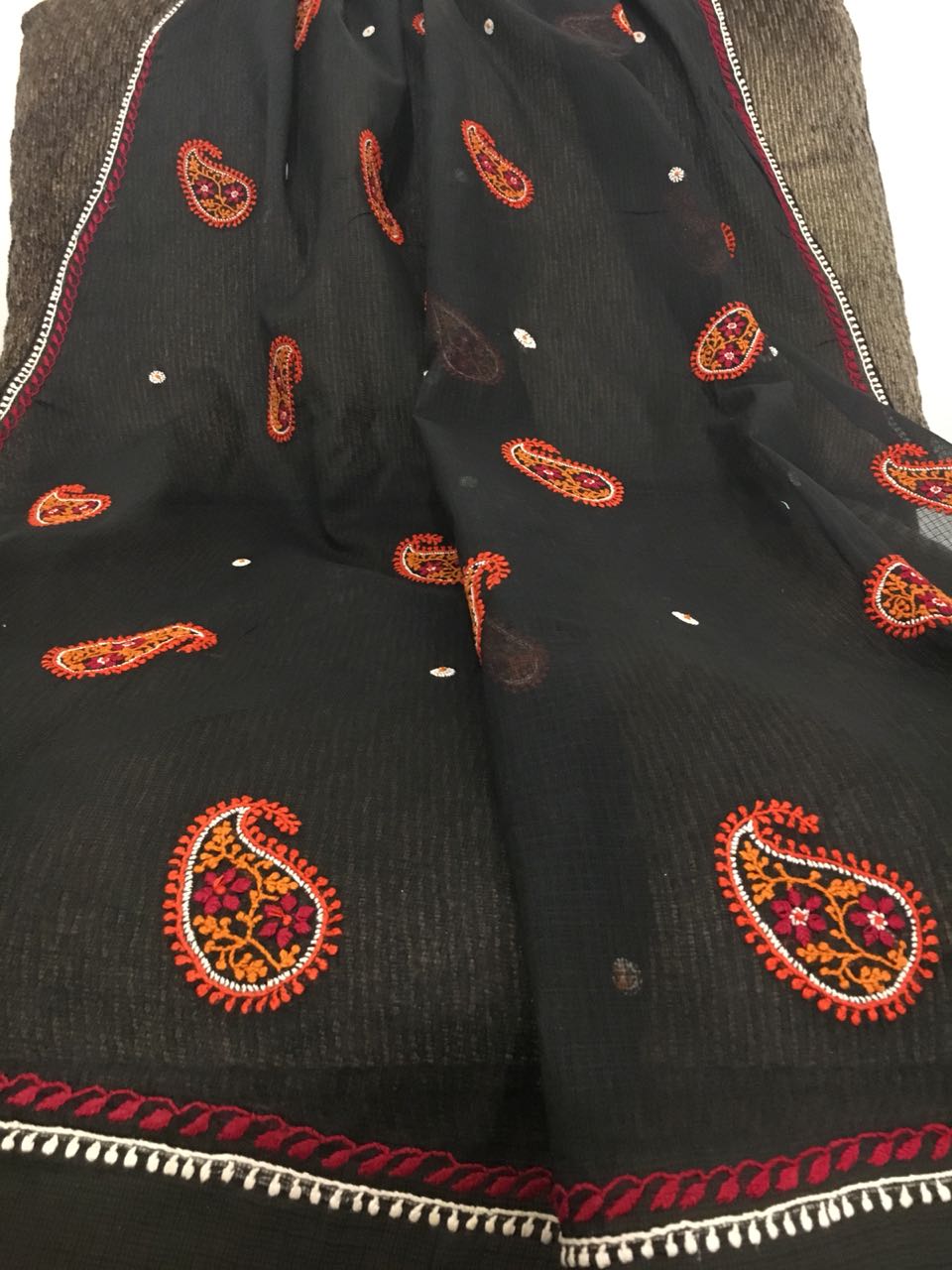 Kota Dupatta with Paisley Booti Chikankari - Black with Orange and ...